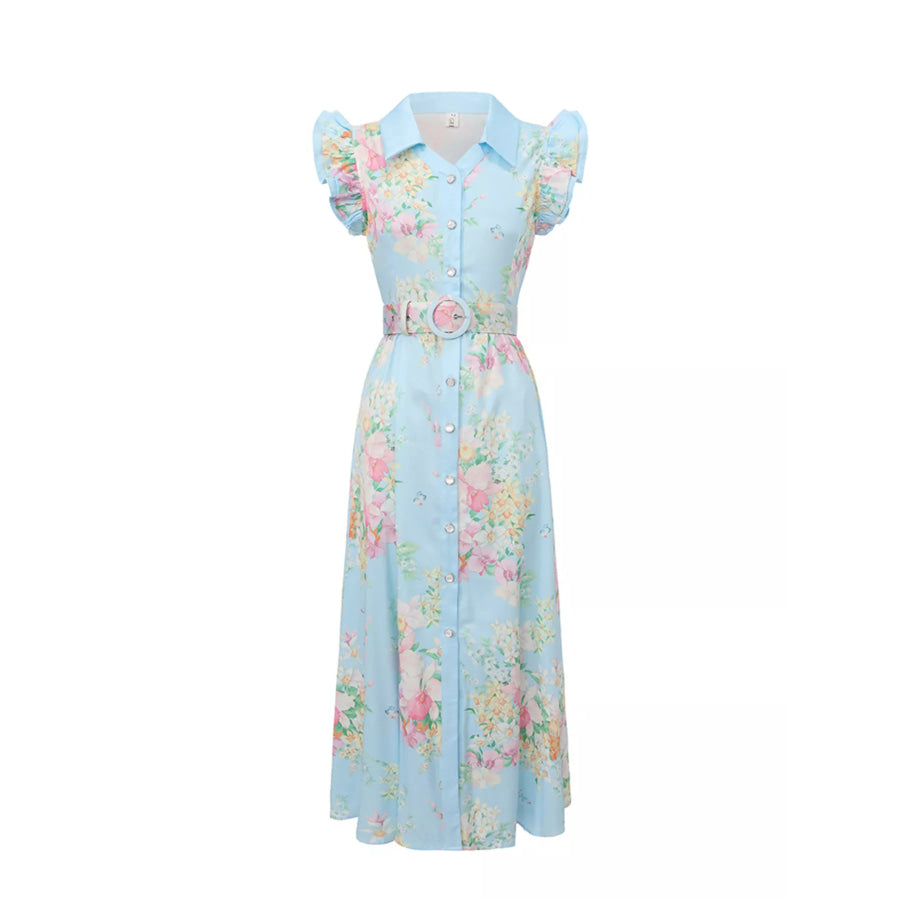Floral Print Ruffle Sleeve Midi Dress Light Blue / S Apparel and Accessories