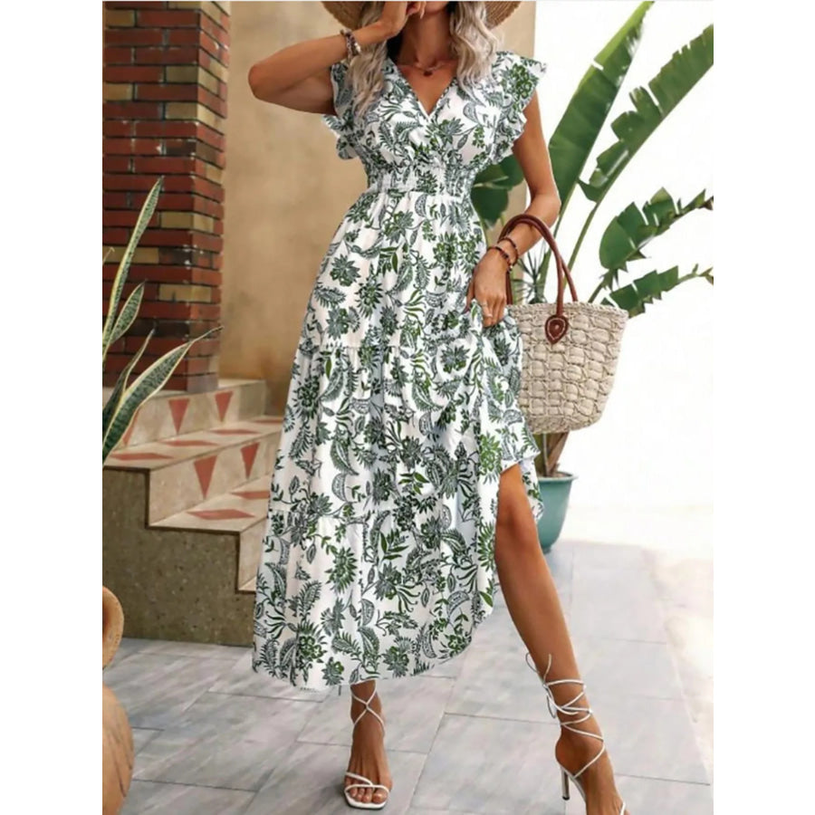 Floral Print Ruffle Sleeve Midi Dress Moss / S Apparel and Accessories