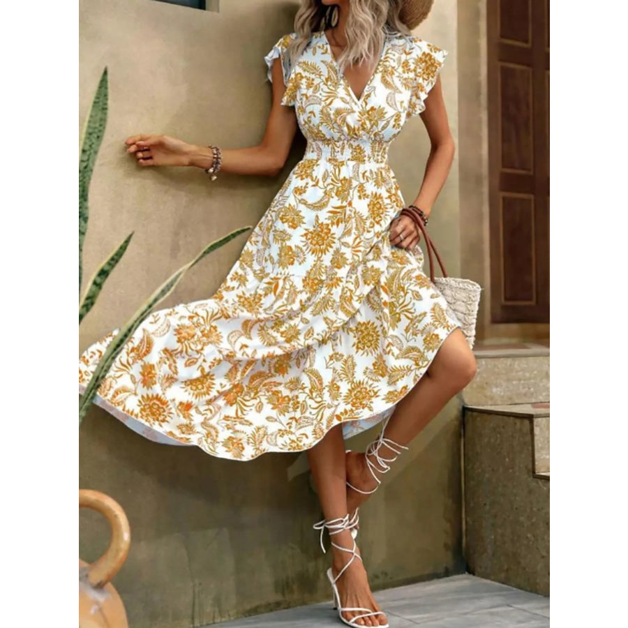 Floral Print Ruffle Sleeve Midi Dress Pastel Yellow / S Apparel and Accessories