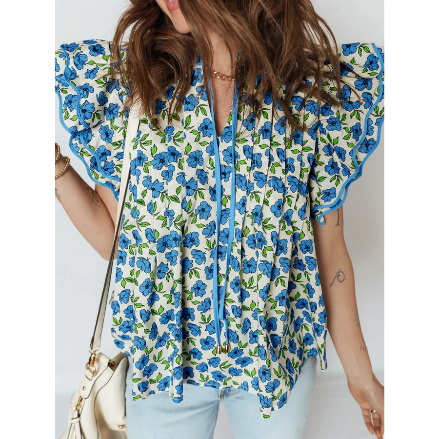 Floral Print Ruffle Sleeve Tie Neck Blouse Apparel and Accessories