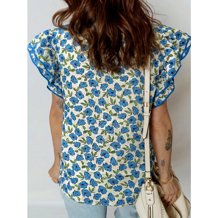 Floral Print Ruffle Sleeve Tie Neck Blouse Apparel and Accessories