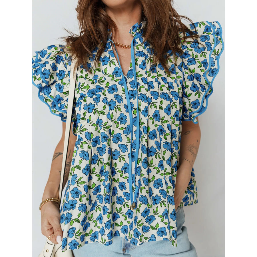Floral Print Ruffle Sleeve Tie Neck Blouse Apparel and Accessories