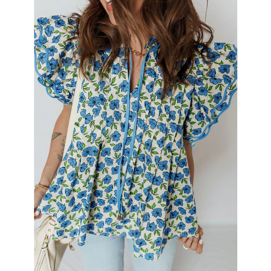 Floral Print Ruffle Sleeve Tie Neck Blouse Apparel and Accessories