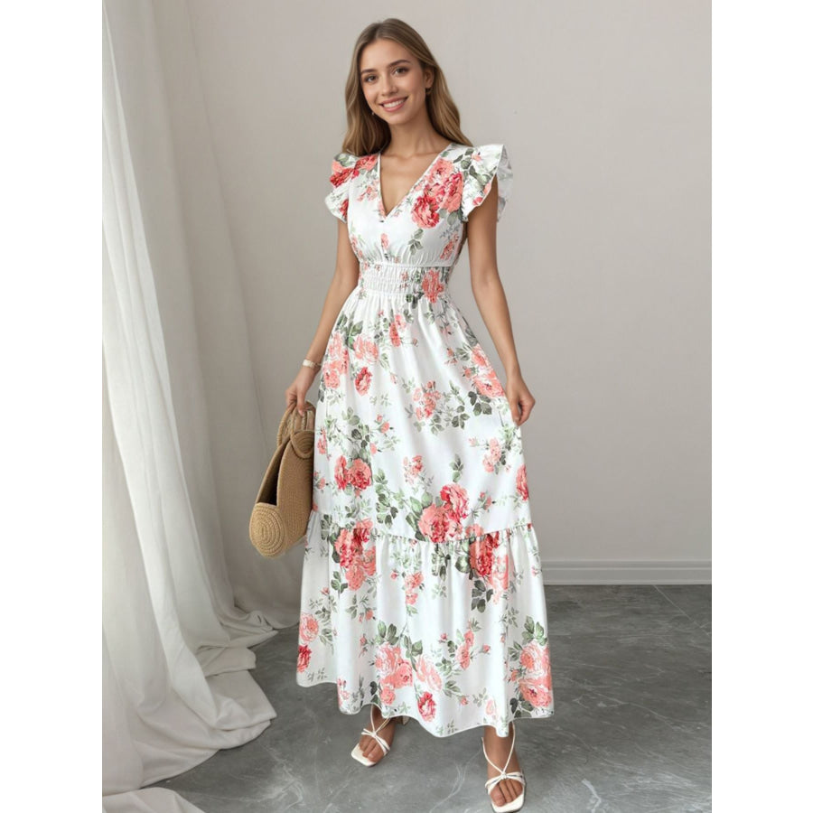 Floral Print Ruffle Sleeve Tiered Maxi Dress Apparel and Accessories