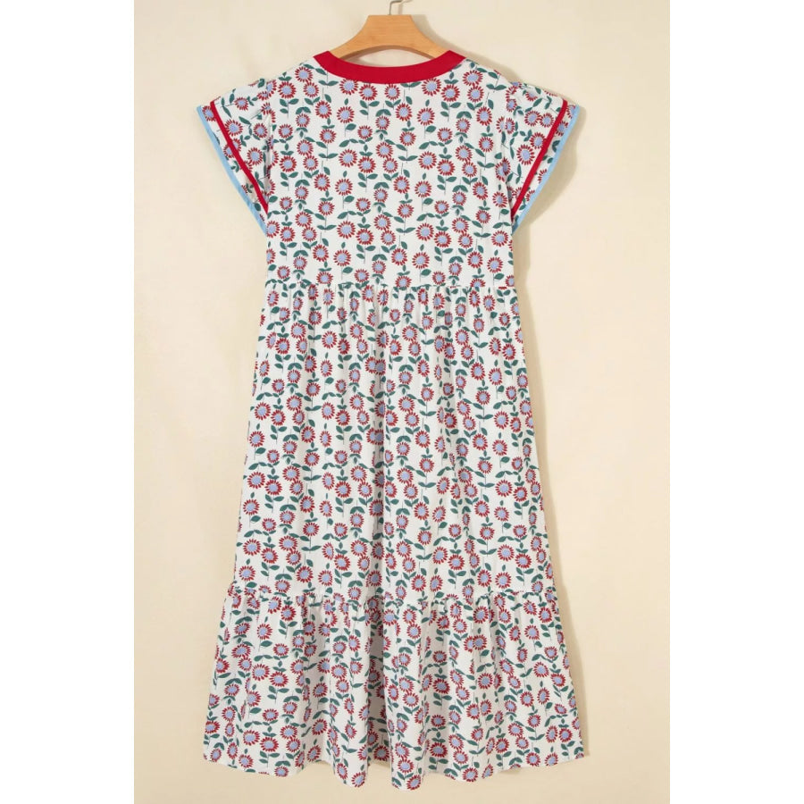 Floral Print Ruffle Sleeve Tiered Midi Dress Apparel and Accessories