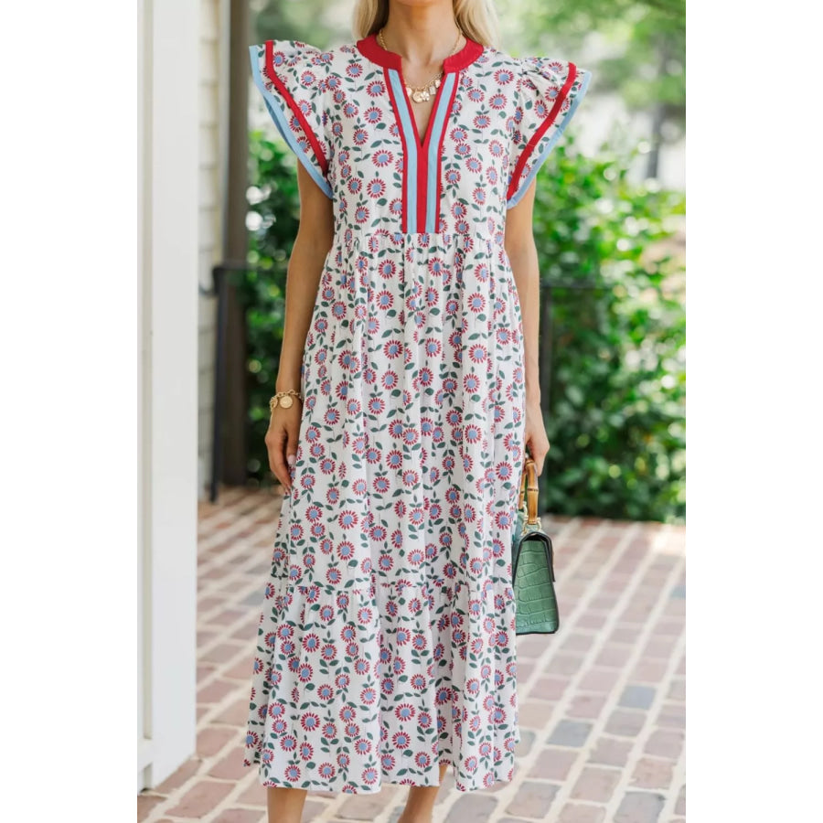 Floral Print Ruffle Sleeve Tiered Midi Dress Apparel and Accessories