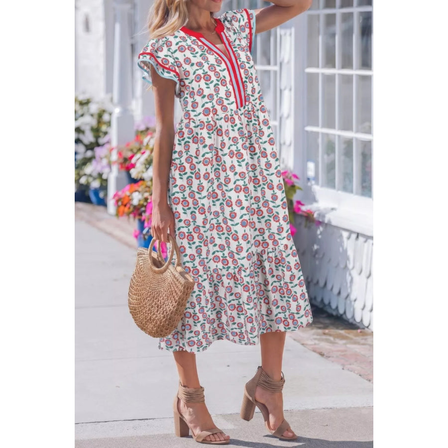Floral Print Ruffle Sleeve Tiered Midi Dress Apparel and Accessories