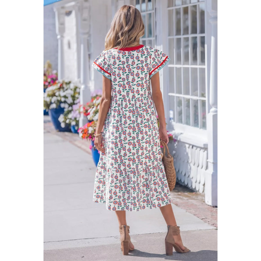 Floral Print Ruffle Sleeve Tiered Midi Dress Apparel and Accessories