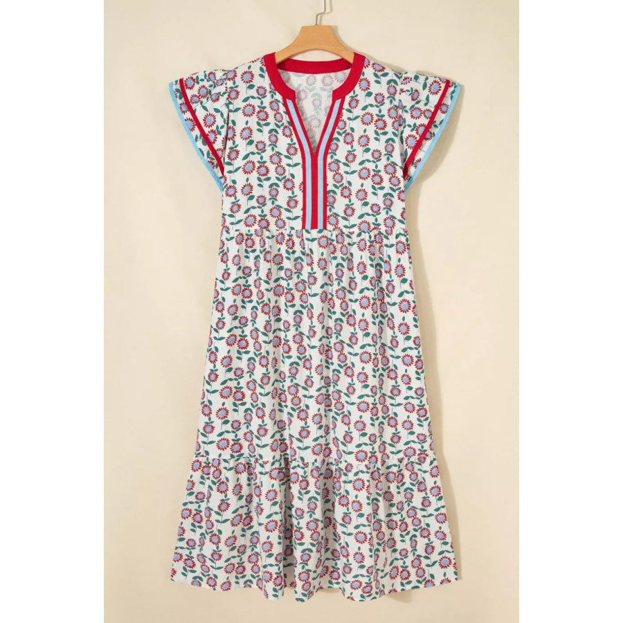 Floral Print Ruffle Sleeve Tiered Midi Dress Apparel and Accessories