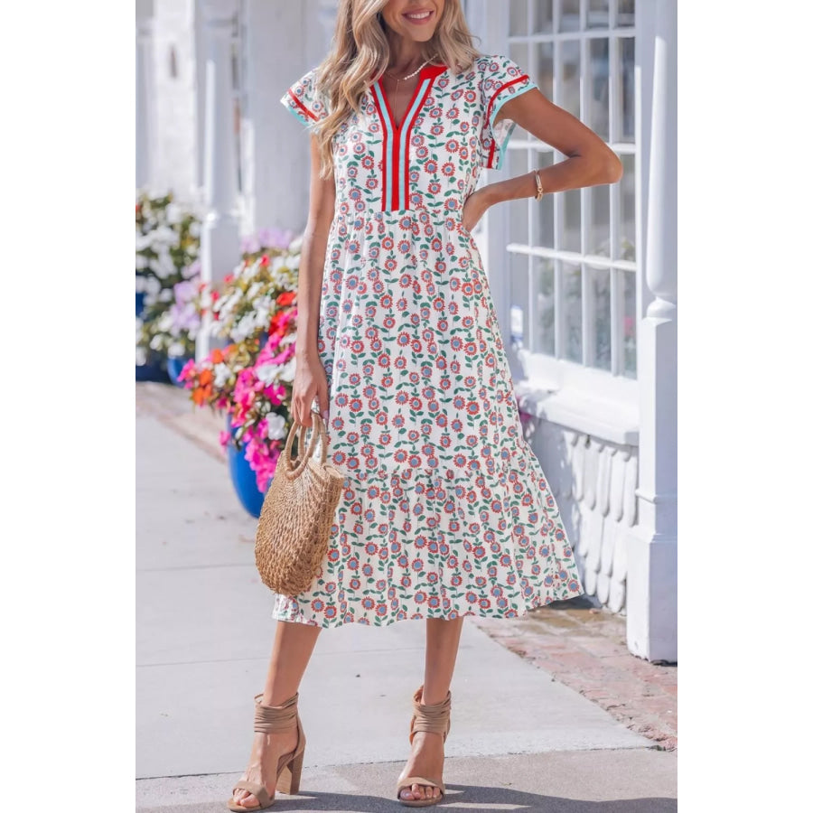 Floral Print Ruffle Sleeve Tiered Midi Dress Apparel and Accessories