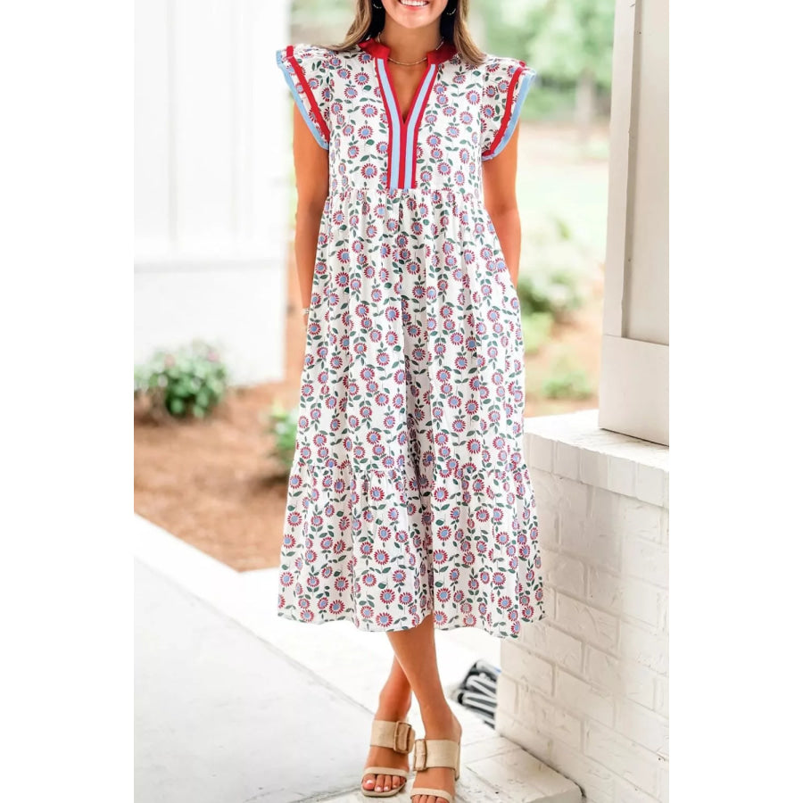 Floral Print Ruffle Sleeve Tiered Midi Dress Apparel and Accessories