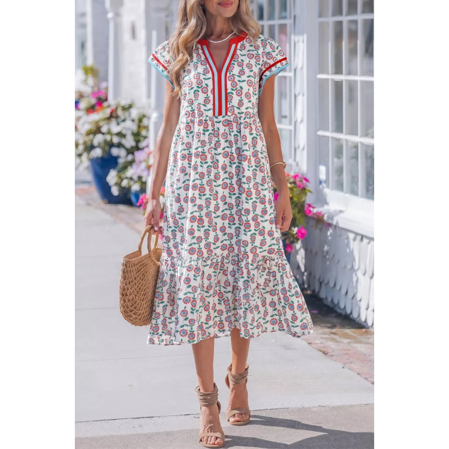Floral Print Ruffle Sleeve Tiered Midi Dress Strawberry / S Apparel and Accessories