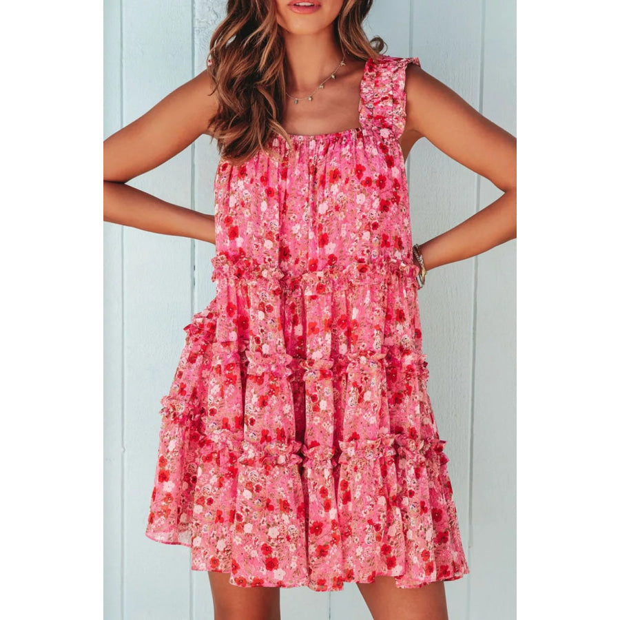 Floral Print Ruffle Tiered Mini Dress Strawberry / S Apparel and Accessories