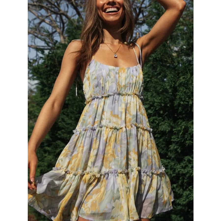 Floral Print Ruffle Tiered Mini Dress Yellow Green / S Apparel and Accessories