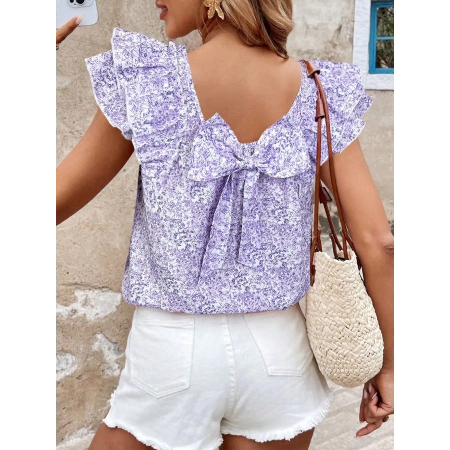 Floral Print Ruffle Trim Blouse Apparel and Accessories