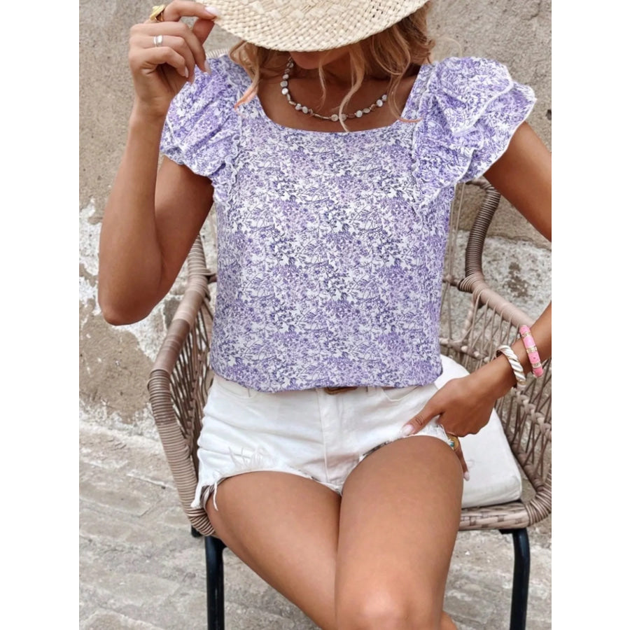 Floral Print Ruffle Trim Blouse Apparel and Accessories