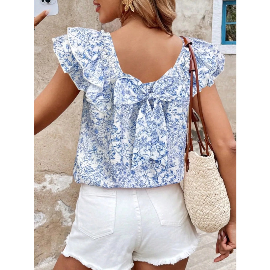 Floral Print Ruffle Trim Blouse Apparel and Accessories