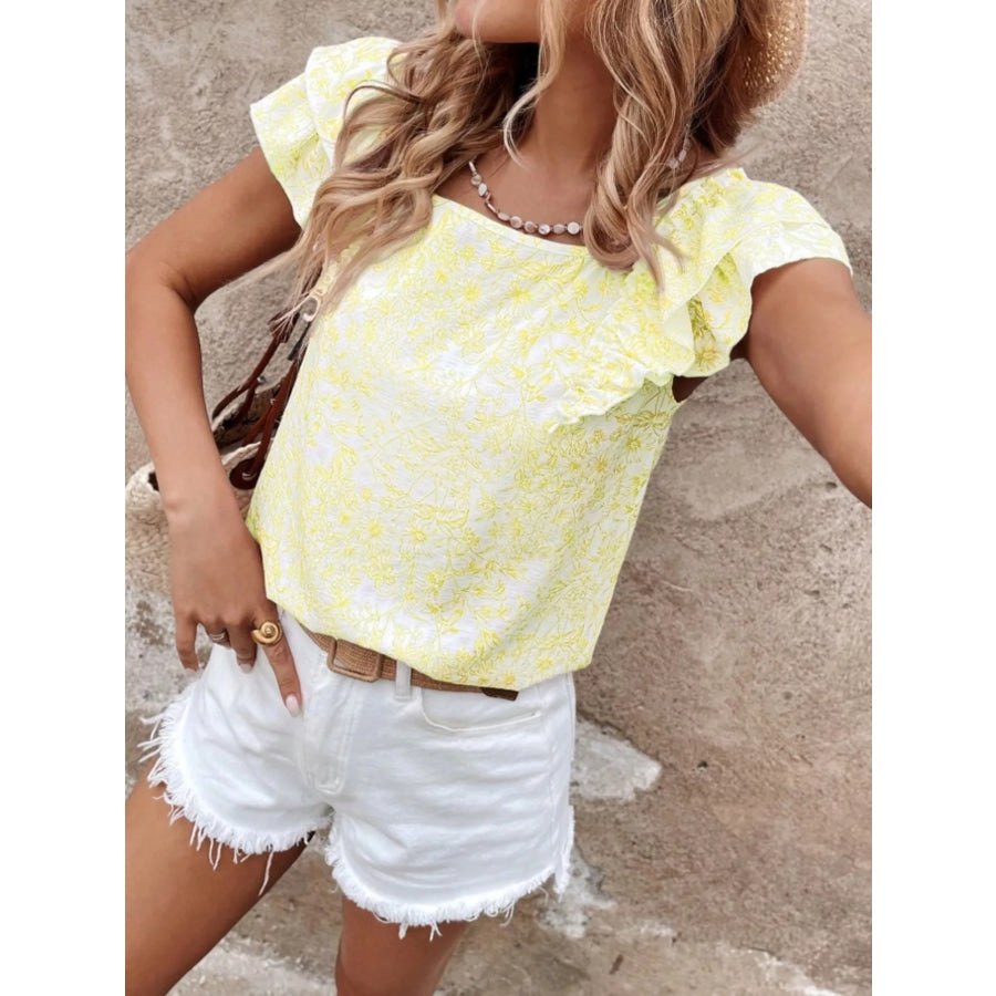 Floral Print Ruffle Trim Blouse Apparel and Accessories