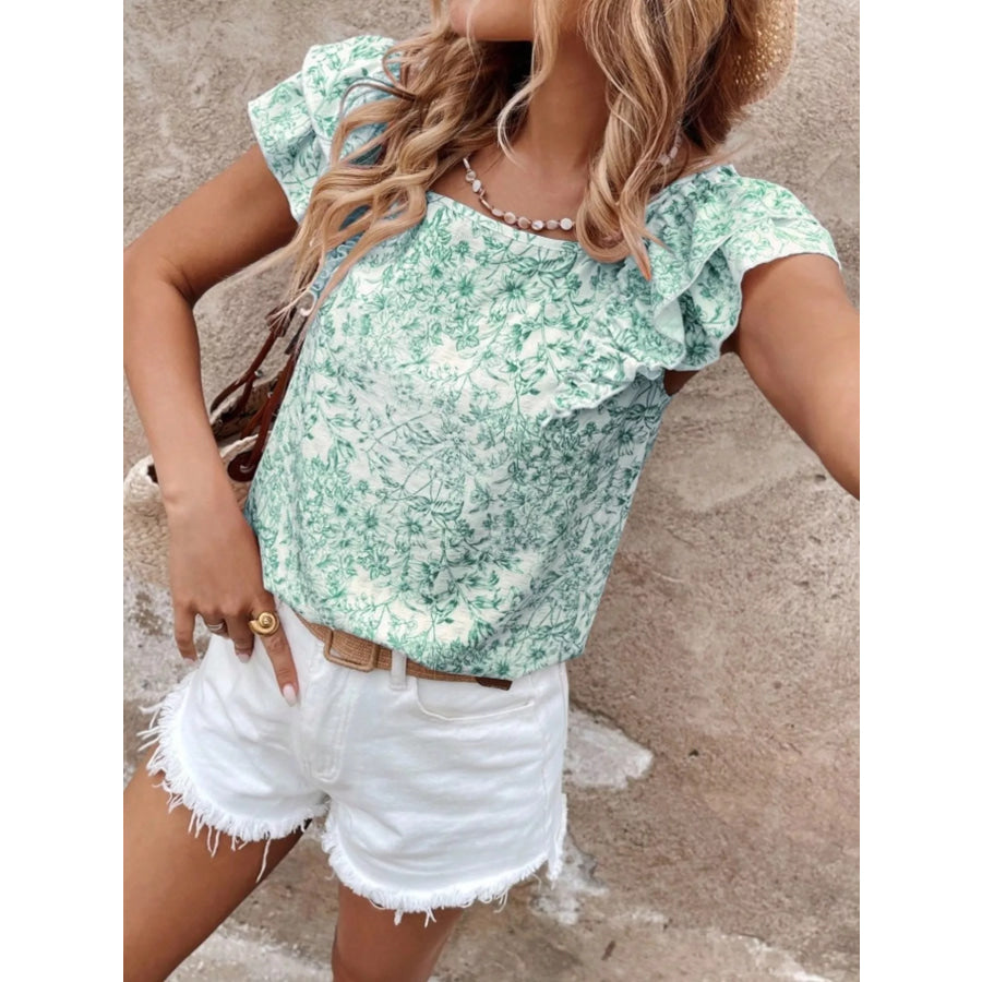 Floral Print Ruffle Trim Blouse Apparel and Accessories