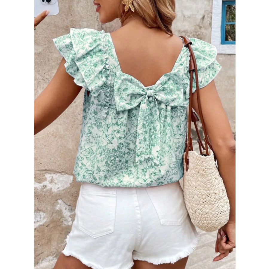 Floral Print Ruffle Trim Blouse Apparel and Accessories