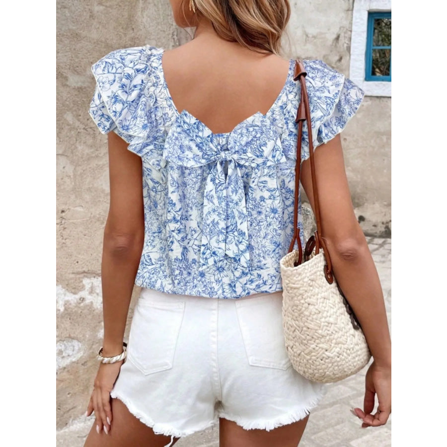 Floral Print Ruffle Trim Blouse Apparel and Accessories