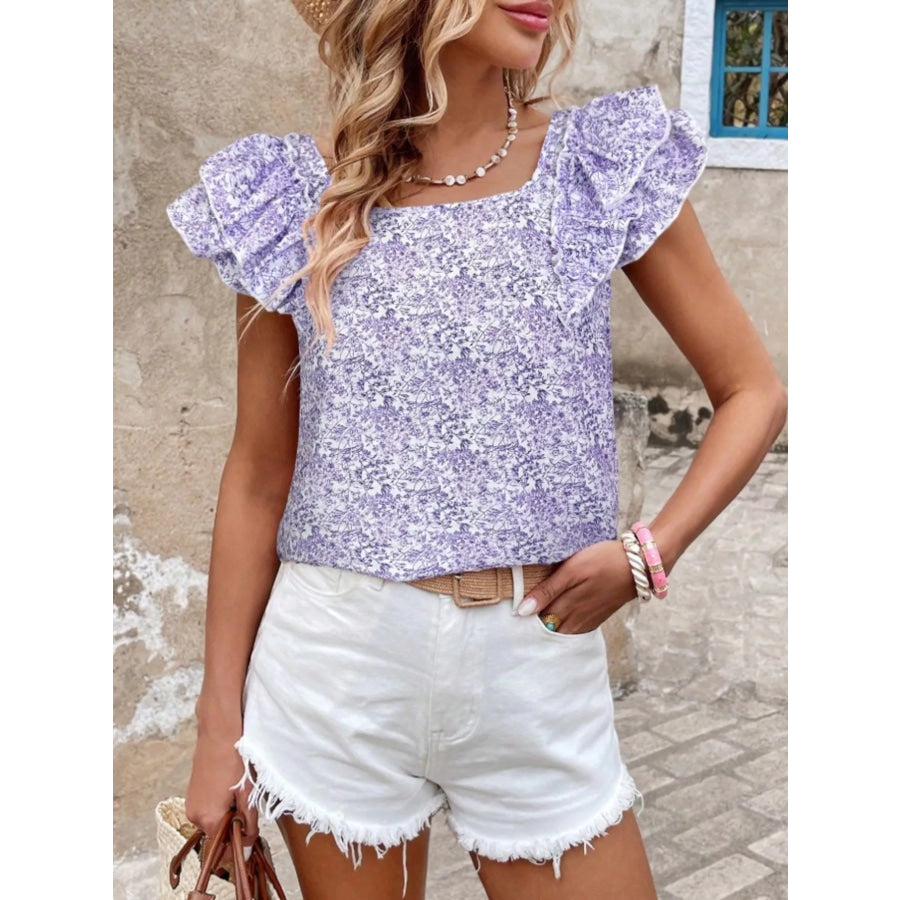 Floral Print Ruffle Trim Blouse Apparel and Accessories