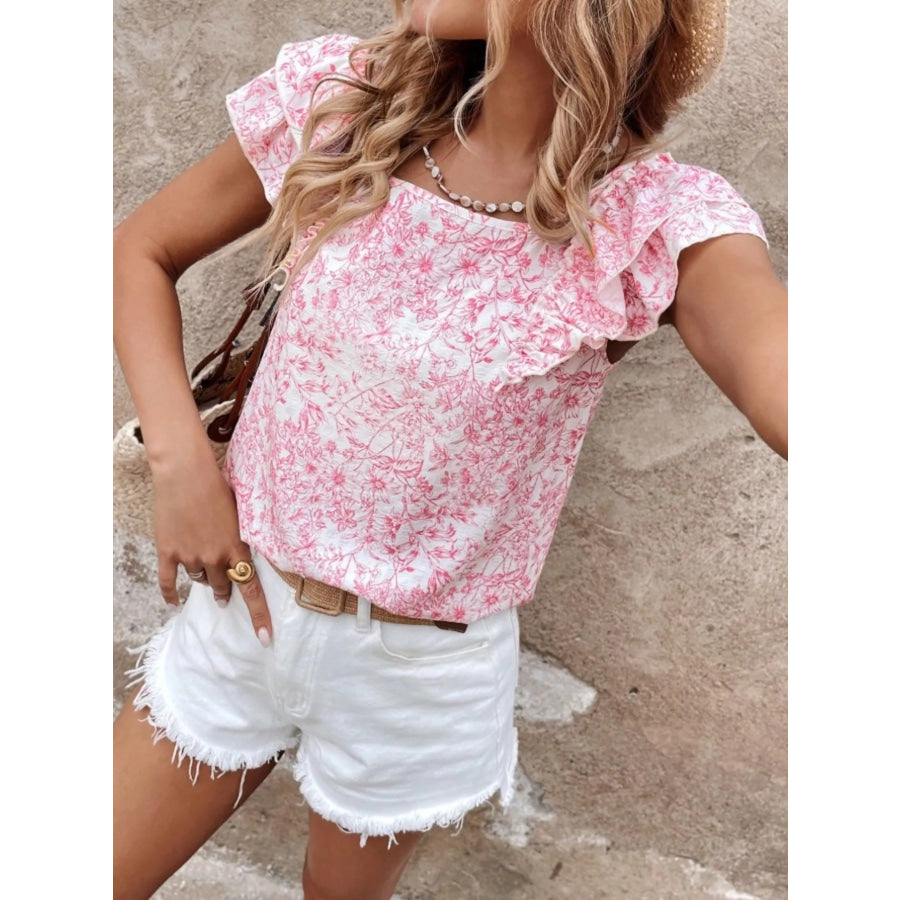 Floral Print Ruffle Trim Blouse Pink / S Apparel and Accessories