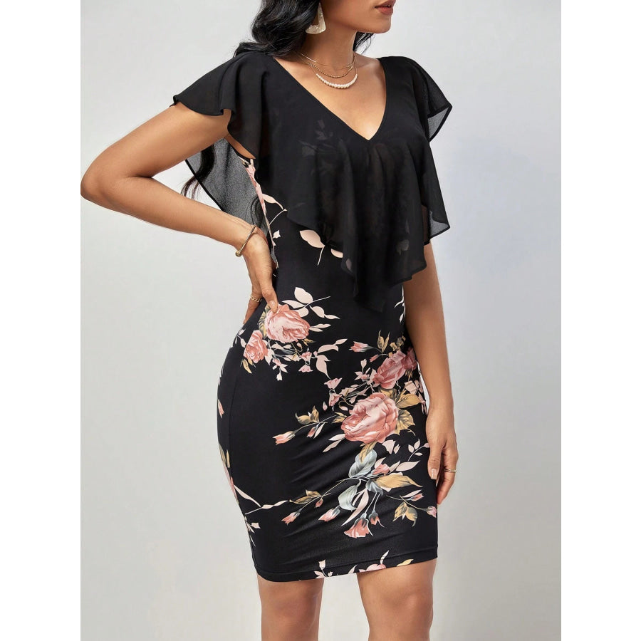 Floral Print Ruffle Trim Bodycon Dress Apparel and Accessories