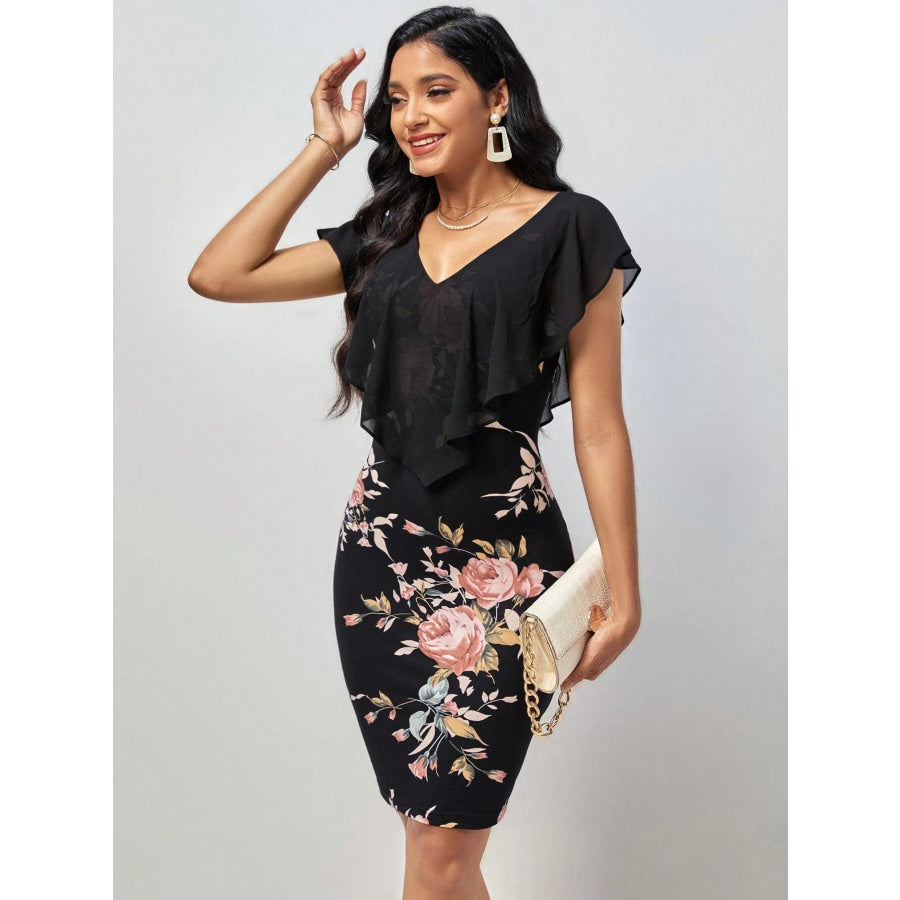 Floral Print Ruffle Trim Bodycon Dress Apparel and Accessories