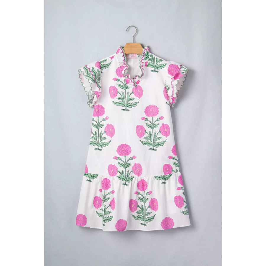 Floral Print Ruffle Trim Casual Mini Dress Apparel and Accessories