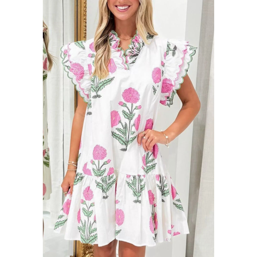 Floral Print Ruffle Trim Casual Mini Dress Apparel and Accessories