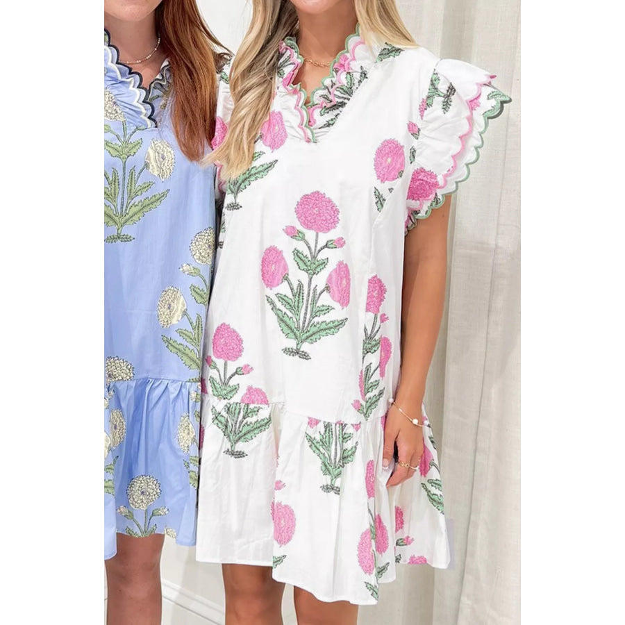 Floral Print Ruffle Trim Casual Mini Dress Dusty Pink / S Apparel and Accessories