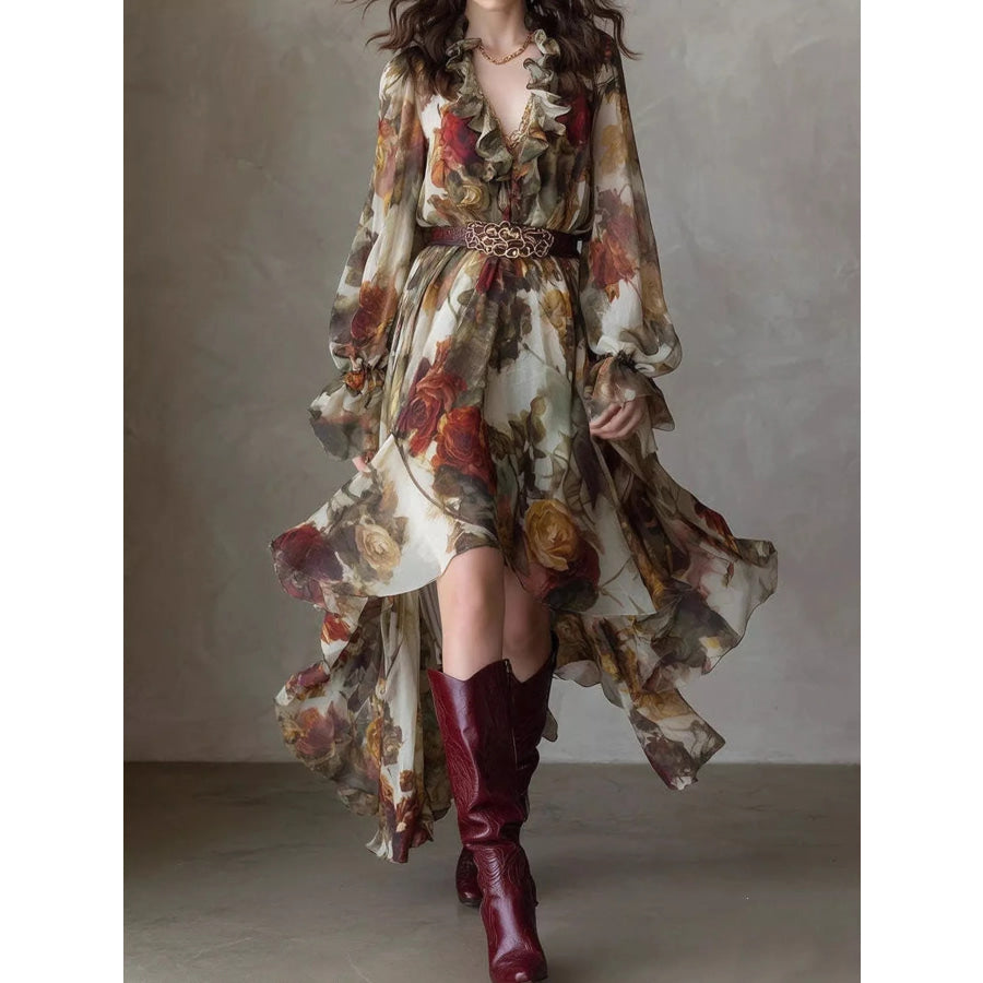 Floral Print Ruffle Trim High-Low Chiffon Maxi Dress Apparel and Accessories