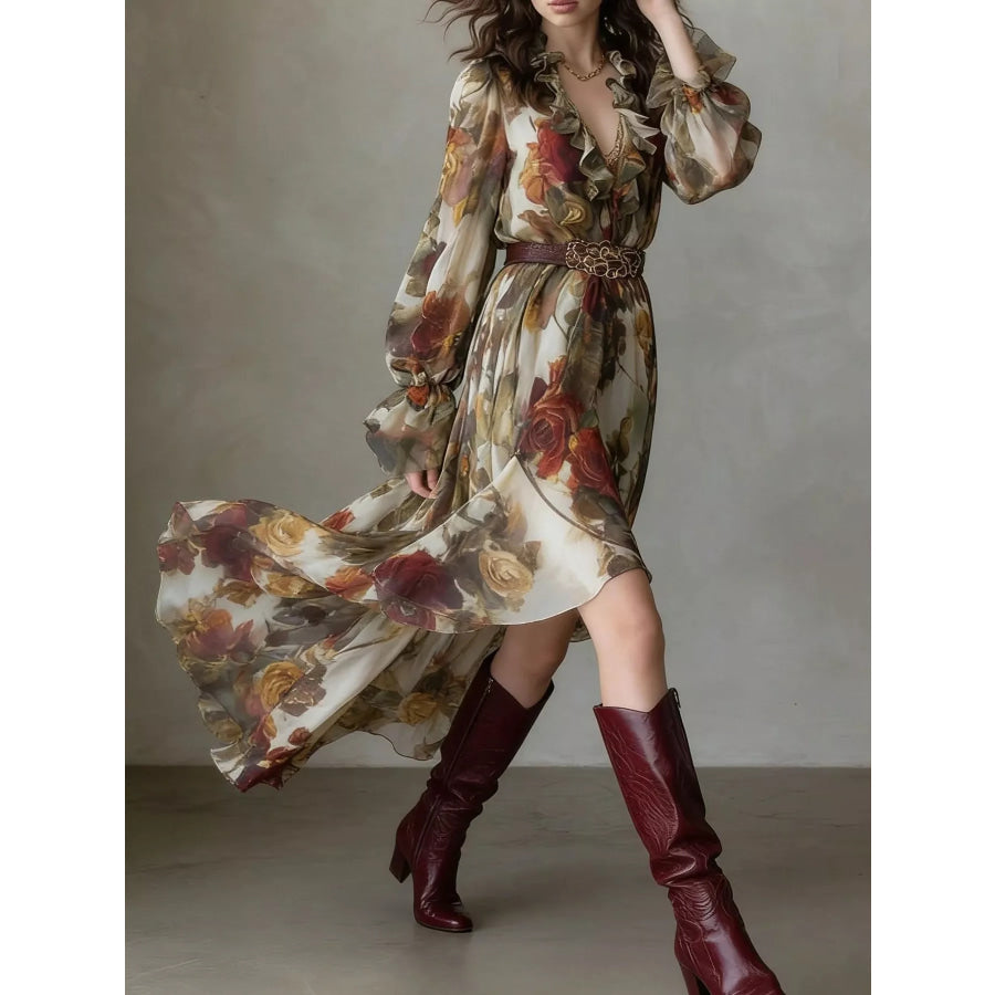 Floral Print Ruffle Trim High-Low Chiffon Maxi Dress Apparel and Accessories