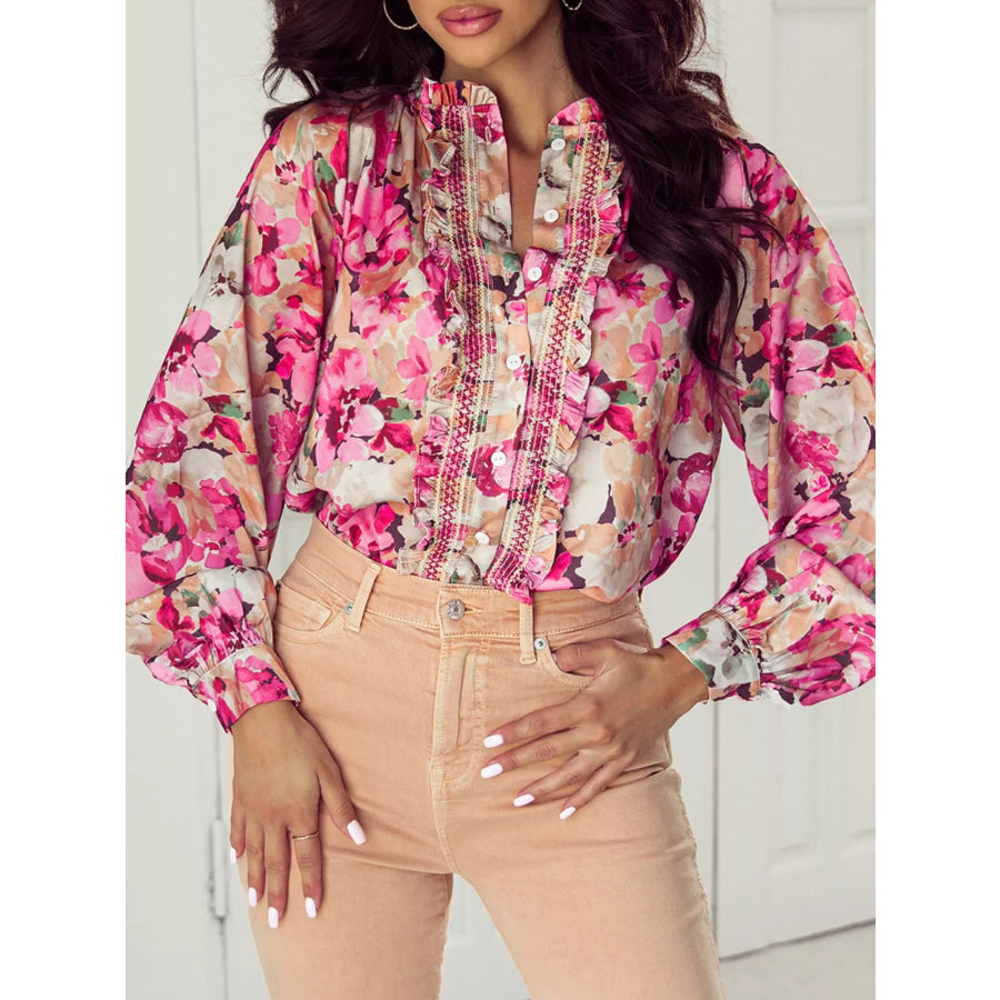 Floral Print Ruffle Trim Long Sleeve Shirt Apparel and Accessories