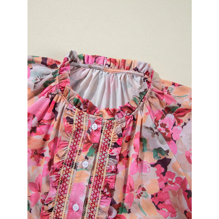 Floral Print Ruffle Trim Long Sleeve Shirt Apparel and Accessories