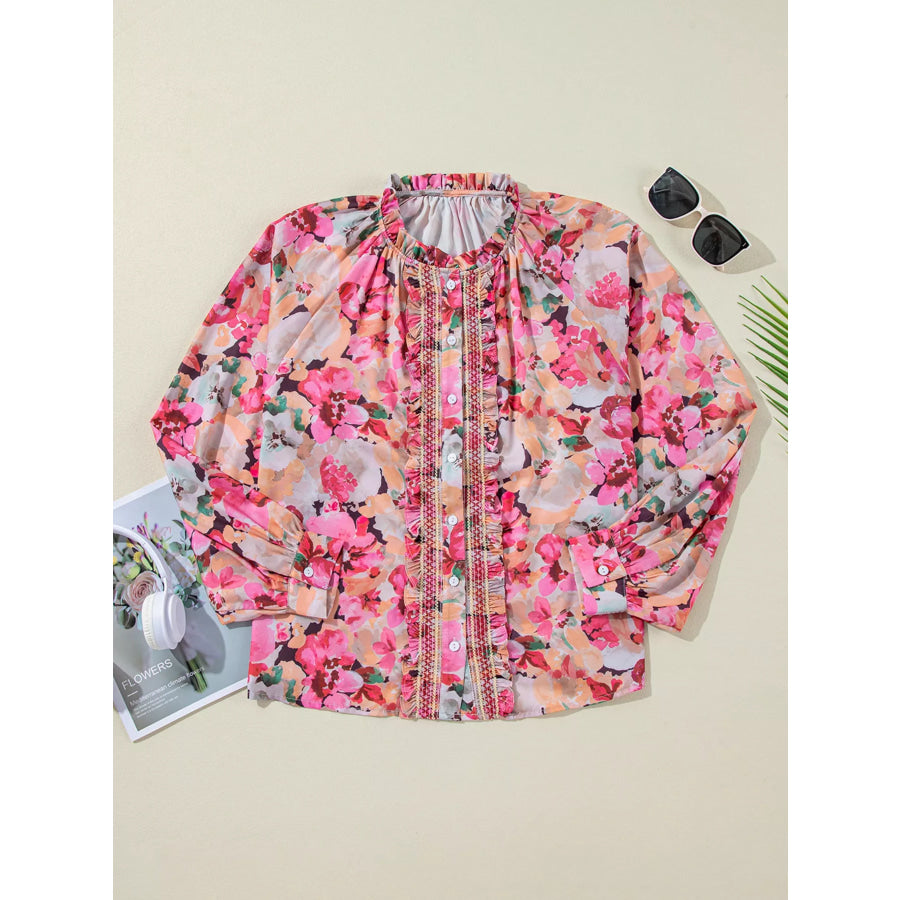 Floral Print Ruffle Trim Long Sleeve Shirt Apparel and Accessories