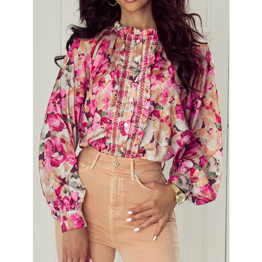Floral Print Ruffle Trim Long Sleeve Shirt Dusty Pink / S Apparel and Accessories