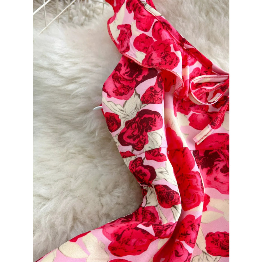 Floral Print Ruffle Trim Mini Dress Apparel and Accessories