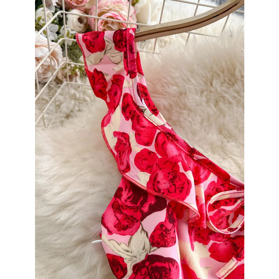 Floral Print Ruffle Trim Mini Dress Apparel and Accessories