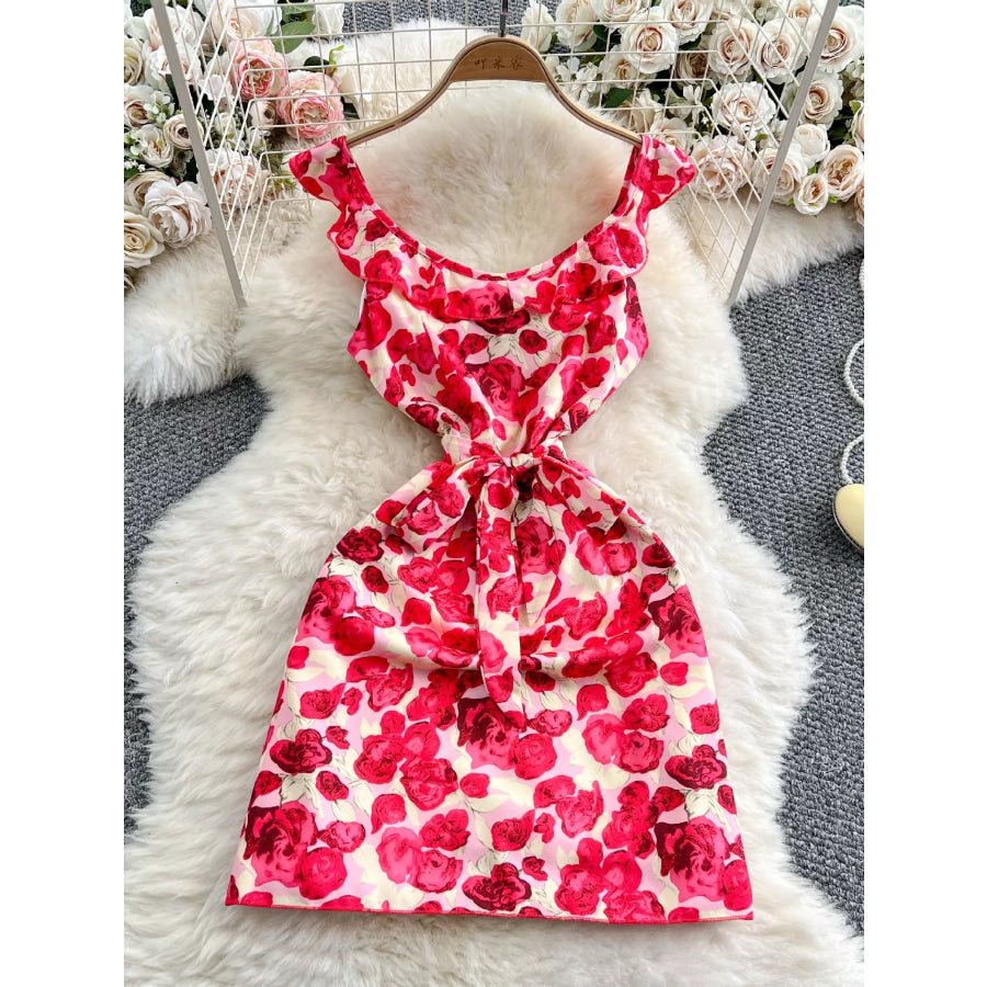 Floral Print Ruffle Trim Mini Dress Red / S Apparel and Accessories