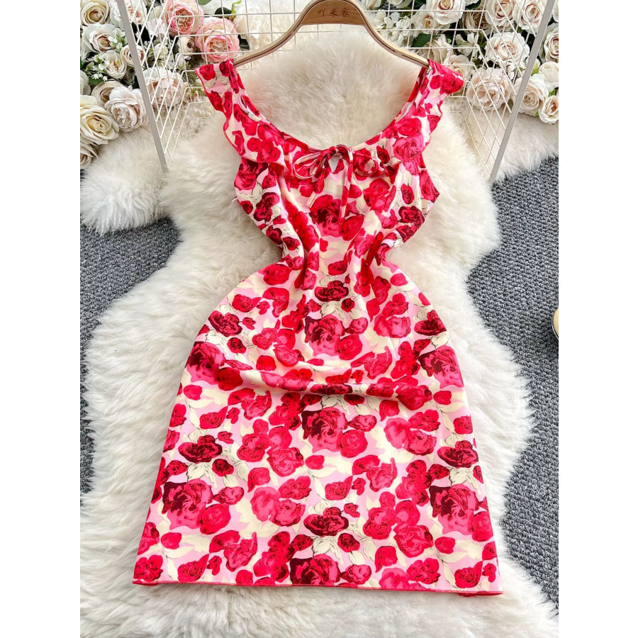 Floral Print Ruffle Trim Mini Dress Red / S Apparel and Accessories