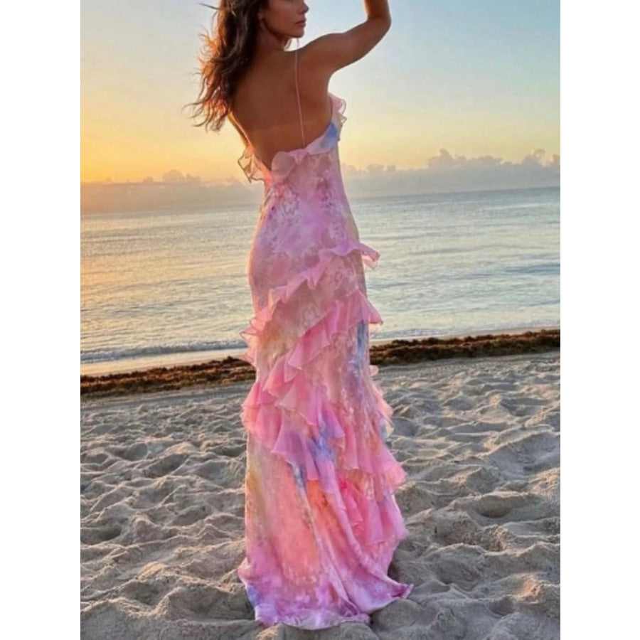 Floral Print Ruffle Trim Spaghetti Strap Maxi Dress Apparel and Accessories