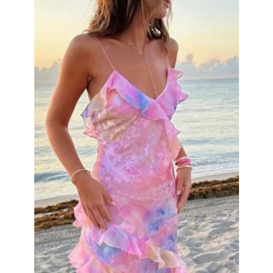 Floral Print Ruffle Trim Spaghetti Strap Maxi Dress Apparel and Accessories