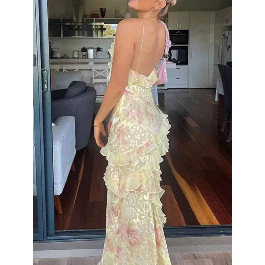 Floral Print Ruffle Trim Spaghetti Strap Maxi Dress Apparel and Accessories