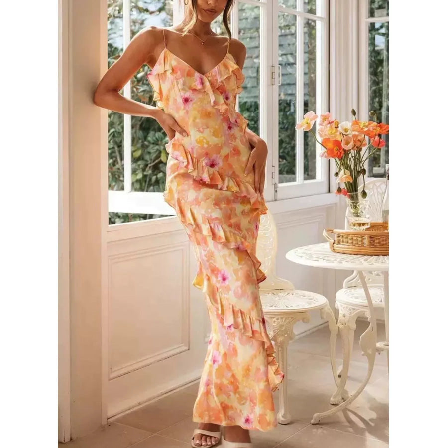 Floral Print Ruffle Trim Spaghetti Strap Maxi Dress Orange / S Apparel and Accessories