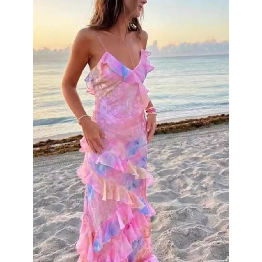 Floral Print Ruffle Trim Spaghetti Strap Maxi Dress Pink / S Apparel and Accessories