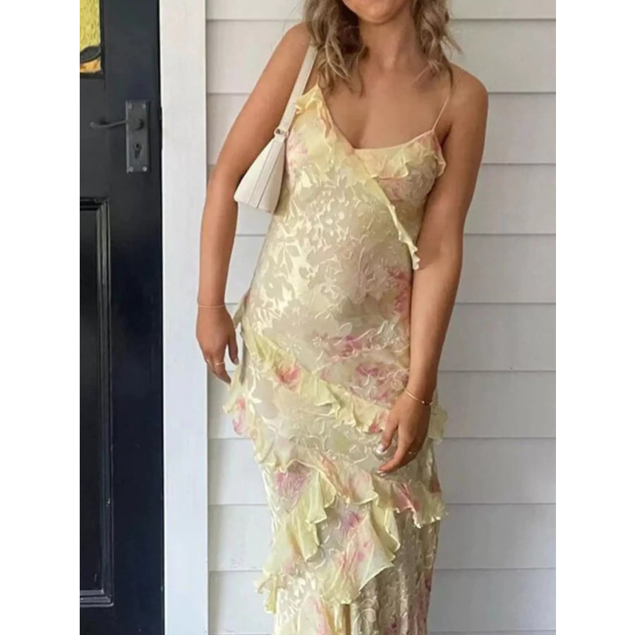 Floral Print Ruffle Trim Spaghetti Strap Maxi Dress Yellow / S Apparel and Accessories