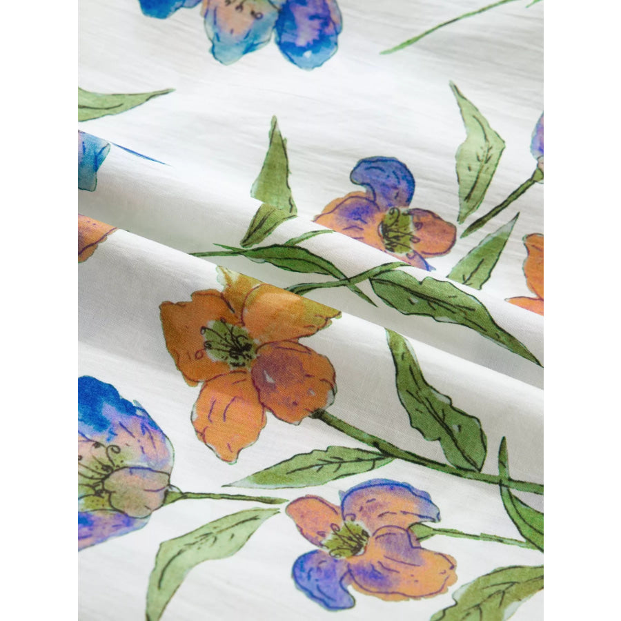 Floral Print Ruffle V-Neck Pressed Pleats Binding Tape Cotton Blouse Apparel and Accessories