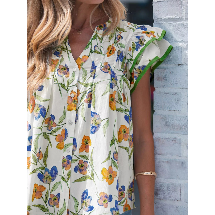 Floral Print Ruffle V-Neck Pressed Pleats Binding Tape Cotton Blouse Apparel and Accessories